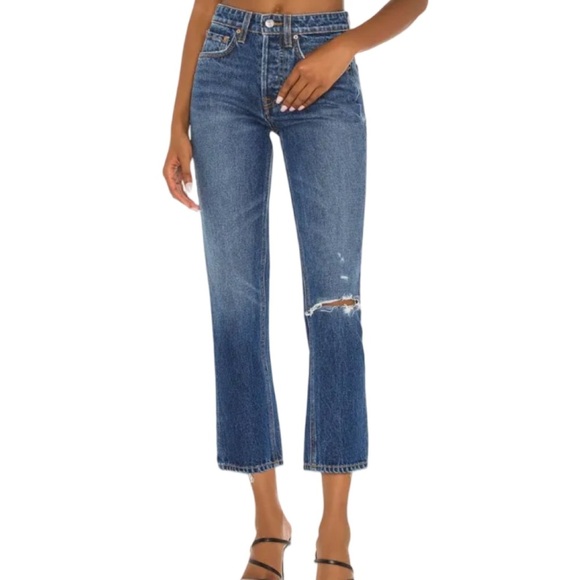 GRLFRND Karolina Crop Slightly Distressed Blue Denim Jean Sixpence Wash Size 31 - Picture 1 of 11